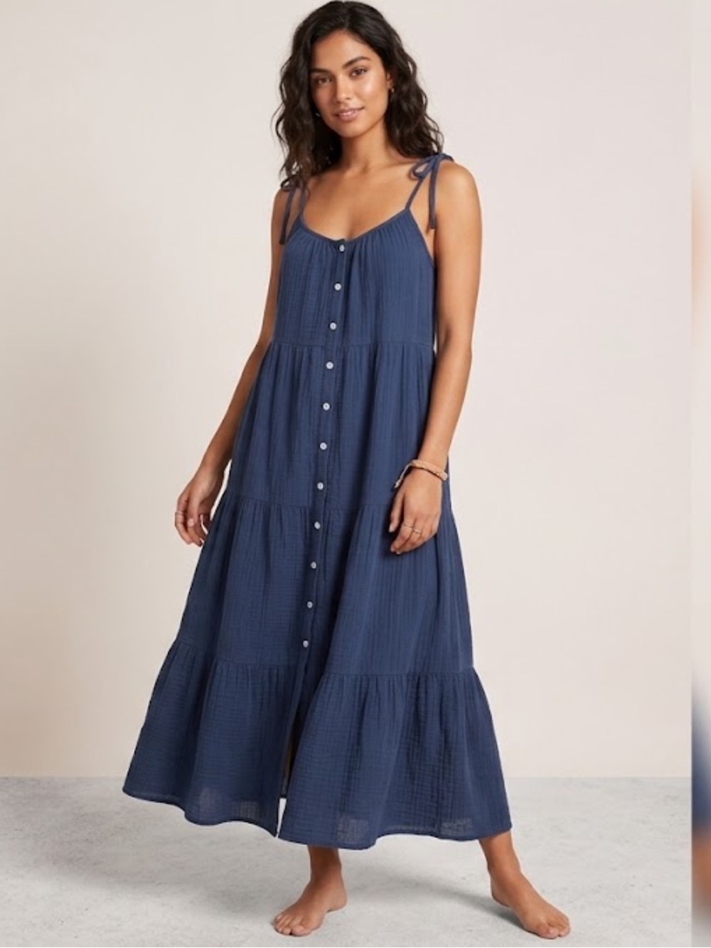 Marea By Liz Joy Women’s Siesta Navy Button-Front Tiered Midi Dress